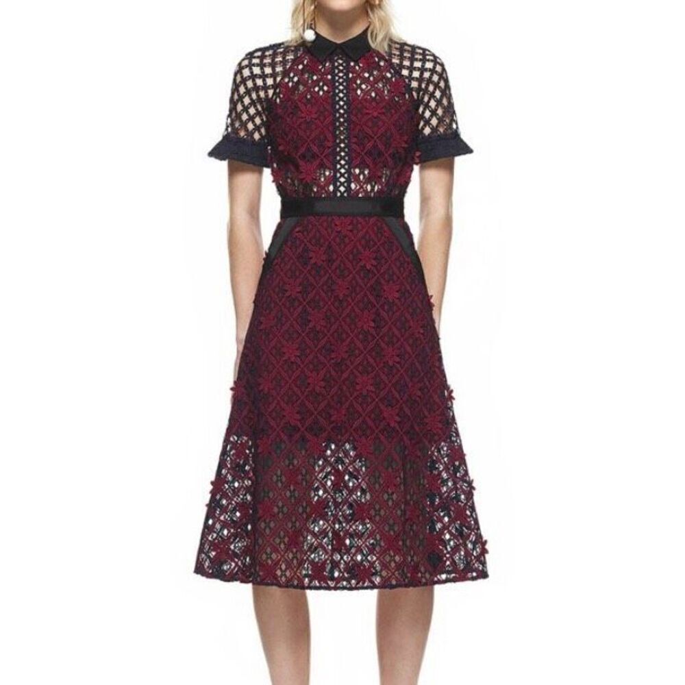 Self-Portrait Burgundy and Black Lace Panel Midi Dress